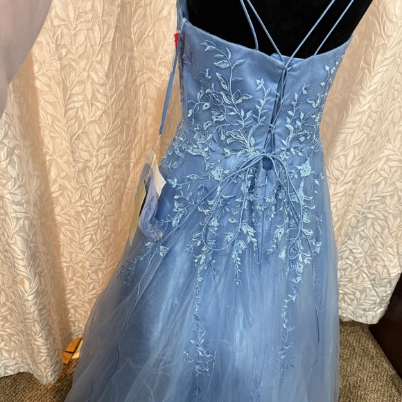 BABY BLUE ball gown w/ floral pattern and corcet back maxi prom bridsmaid Dress - Picture 3 of 9